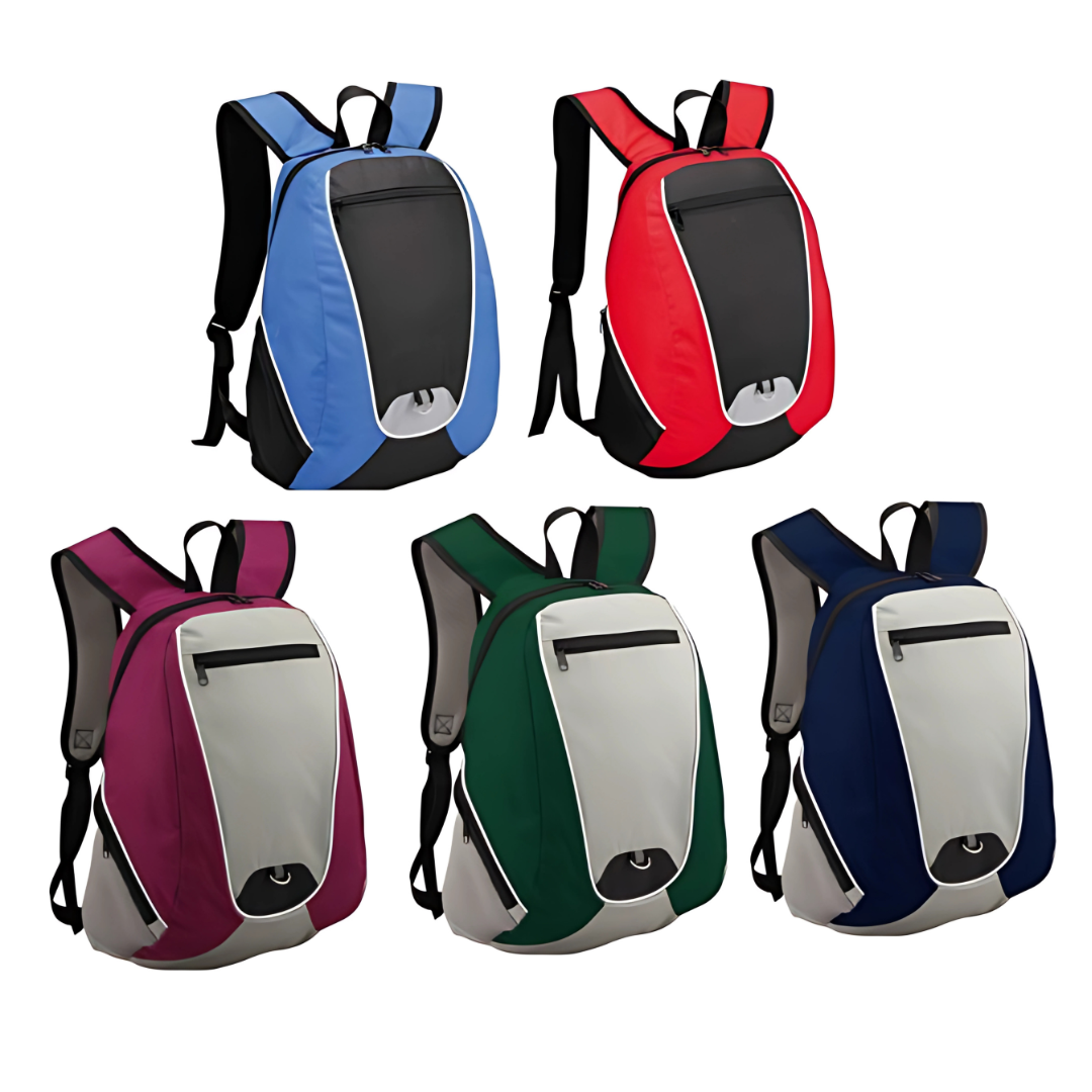 Custom Student Backpack colors: blue, red, purple, green, navy; accents: black/white.