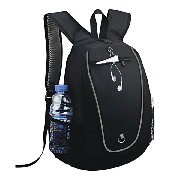 Black Clubman backpack with earphones, side bottle pocket, and visible zippers.