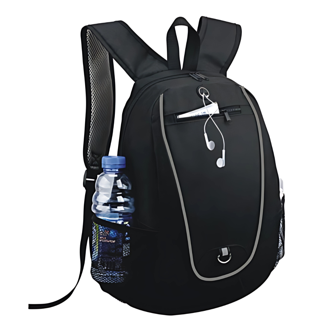 Black Clubman backpack with earphones, side bottle pocket, and visible zippers.
