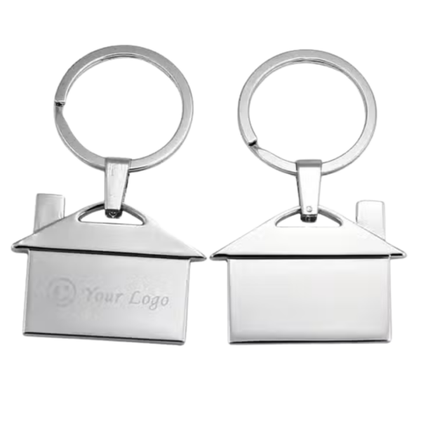 Two silver Residential Custom Keyrings with round rings, one features a logo.