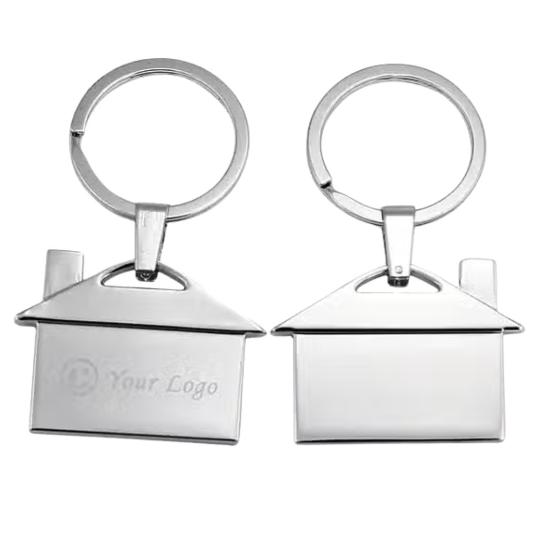 Two silver Residential Custom Keyrings with round rings, one features a logo.