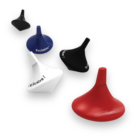 Colorful Custom Spinning Top Flash Drives with Exclusive text, floating diagonally on white.