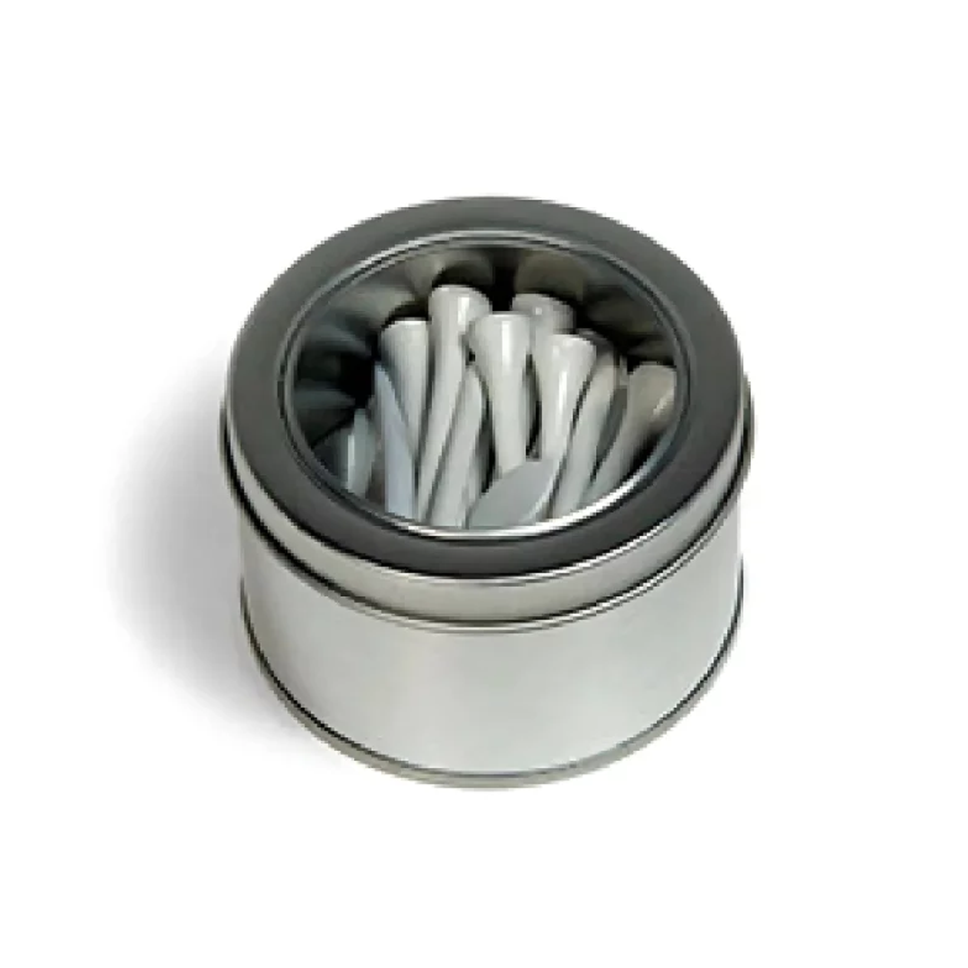 A round metal tin with a clear lid holds white ceramic spoons arranged upright like tees in the Basic Printed Golf Gift Set, appealing to any golf enthusiasts sense of style and organization.