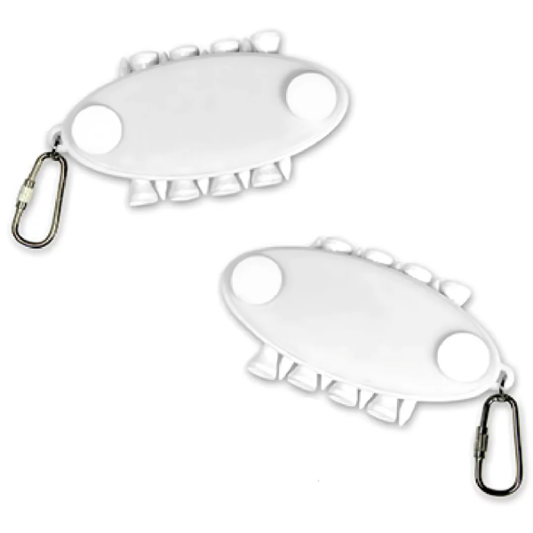 The Branded Carabiner Tee Caddy includes two white oval organizers with attached carabiners for convenience. Each has retractable key slots, perfectly angled with one above the other, making them ideal for personal use or branded giveaways on a plain white background.