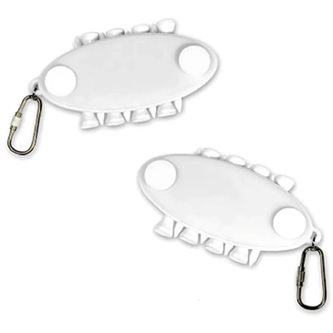 The Branded Carabiner Tee Caddy includes two white oval organizers with attached carabiners for convenience. Each has retractable key slots, perfectly angled with one above the other, making them ideal for personal use or branded giveaways on a plain white background.