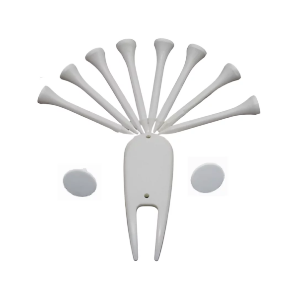 The Bulk Pack of Brandable Tees includes a sleek white divot repair tool, eight brandable tees elegantly fanned out, and two pristine ball markers, making it an essential collection for the avid golfer.