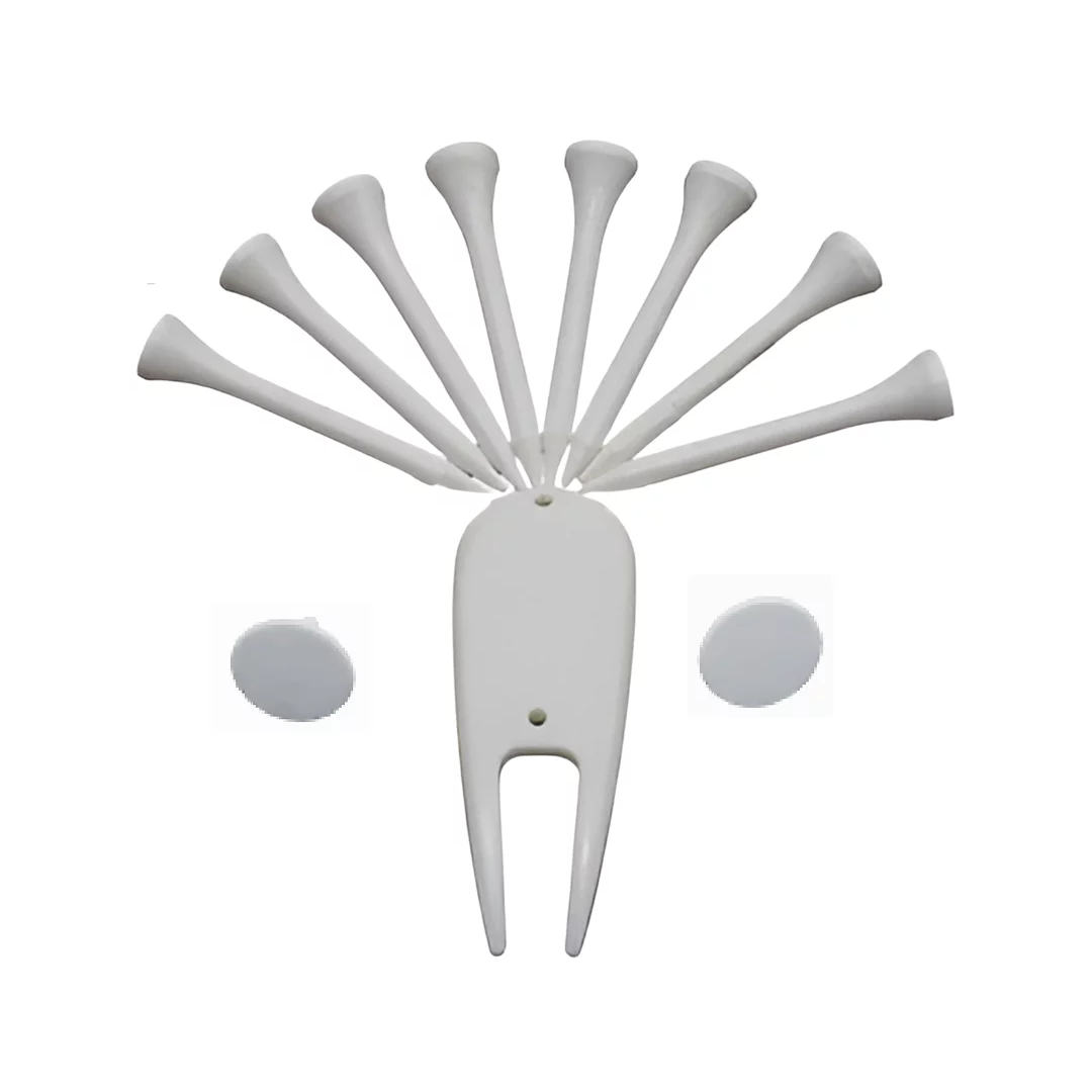 The Bulk Pack of Brandable Tees includes a sleek white divot repair tool, eight brandable tees elegantly fanned out, and two pristine ball markers, making it an essential collection for the avid golfer.