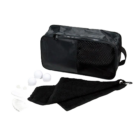 Pictured is the Cardinal Custom Golf Shoe Bag, a sleek black mesh toiletry bag with a zipper and side handle, alongside three white balls, a black towel with clip, and several white plastic accessories.