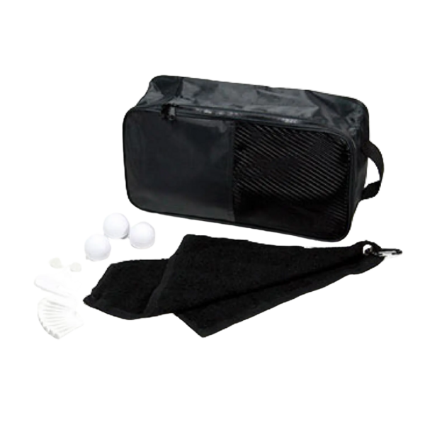 Pictured is the Cardinal Custom Golf Shoe Bag, a sleek black mesh toiletry bag with a zipper and side handle, alongside three white balls, a black towel with clip, and several white plastic accessories.