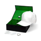 Gift box: green interior, golf tee set, white cap & custom Corporate Golf Cap Set accessory.