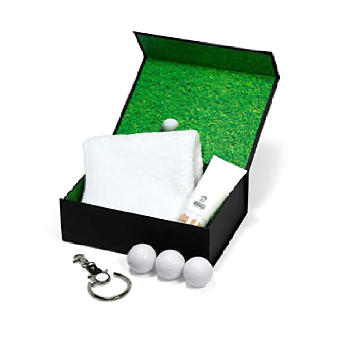Custom Event 3 Ball Golf Set: balls, towel, lotion, keychain in a black box with green interior.
