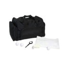 The Custom Golf Ball Bag Set features a sleek black sports duffel bag accompanied by a towel, three custom golf balls, a keychain with a pick, and a small brush. These golfing essentials are neatly arranged in front of the bag on a minimalist white backdrop.