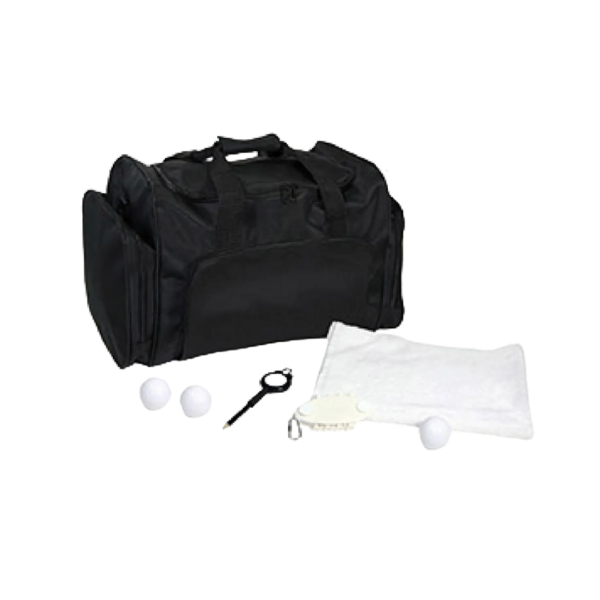 The Custom Golf Ball Bag Set features a sleek black sports duffel bag accompanied by a towel, three custom golf balls, a keychain with a pick, and a small brush. These golfing essentials are neatly arranged in front of the bag on a minimalist white backdrop.