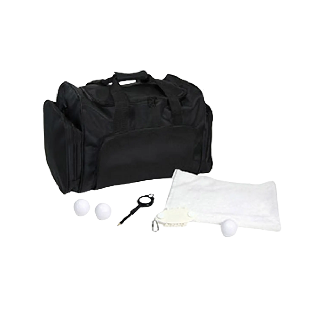 The Custom Golf Ball Bag Set features a sleek black sports duffel bag accompanied by a towel, three custom golf balls, a keychain with a pick, and a small brush. These golfing essentials are neatly arranged in front of the bag on a minimalist white backdrop.