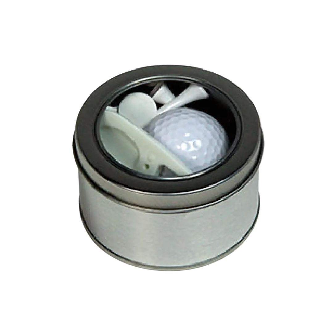 The Custom Golf Pack With Ball is a round silver tin featuring a transparent lid that stylishly displays a golf ball, tee, and marker.