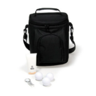 The Customisable Golf Day Cooler Bag in black, featuring a handle and shoulder strap, is paired with three white golf balls, sunscreen, and a keychain with a tiny golf club and ball design—ideal for the ultimate golf day.