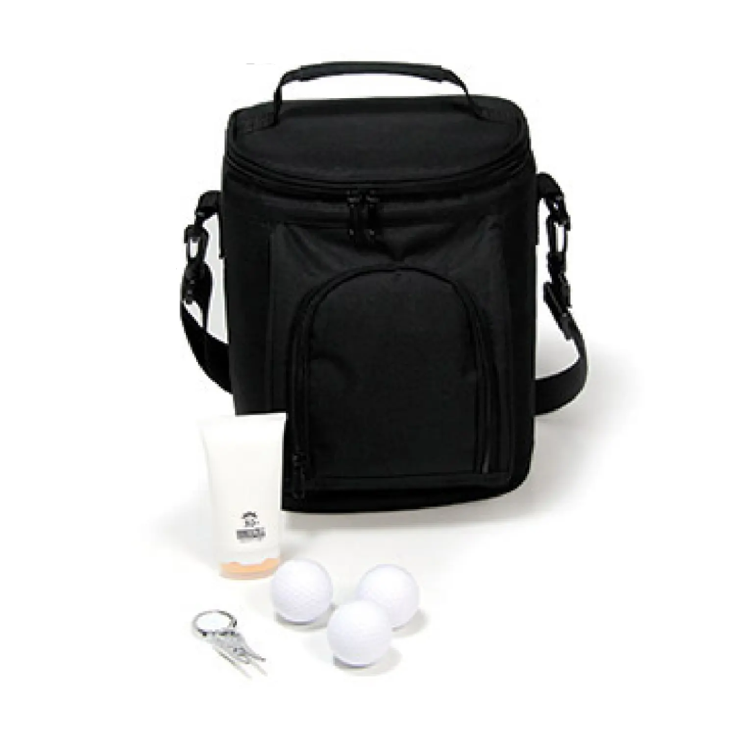 The Customisable Golf Day Cooler Bag in black, featuring a handle and shoulder strap, is paired with three white golf balls, sunscreen, and a keychain with a tiny golf club and ball design—ideal for the ultimate golf day.