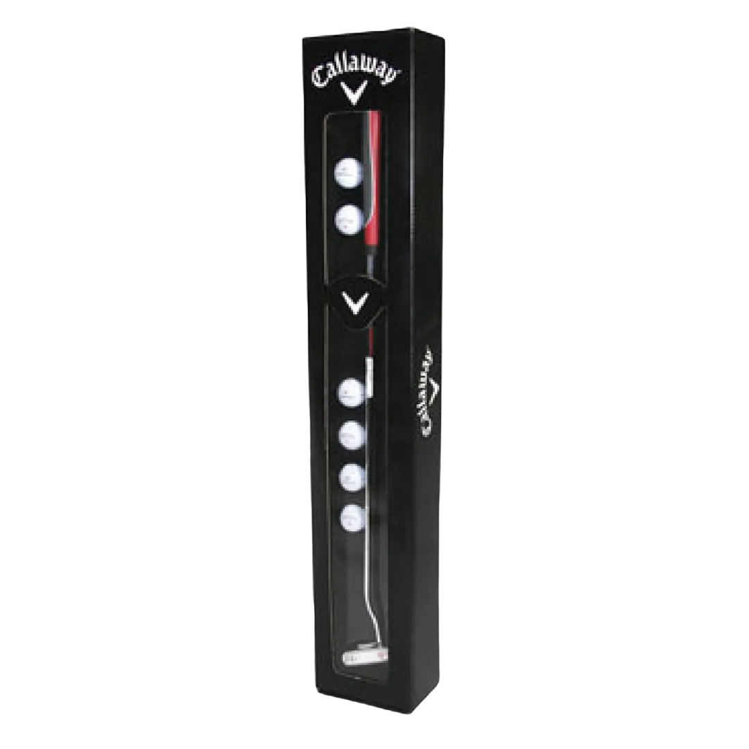 The Deluxe Branded Callaway Putter Pack includes a sleek golf putter and five premium balls in a tall, narrow black box with transparent sections to elegantly showcase the items.