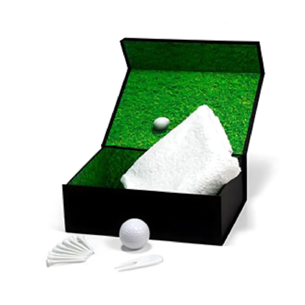 Golf Pro Single Ball Box: Black exterior, green interior, includes towel, ball, and tees.