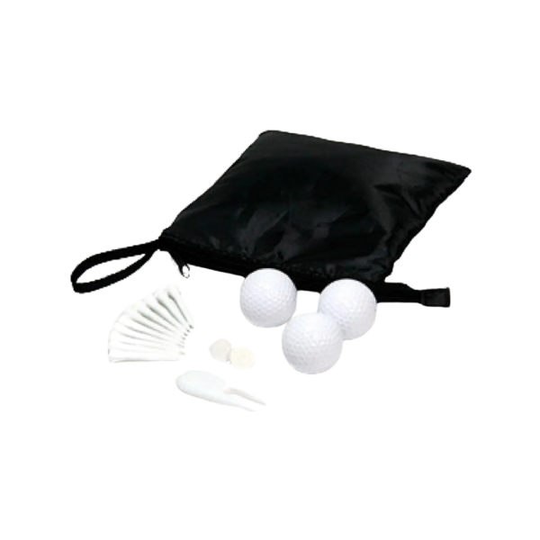 The Golf Value Pack in Pouch includes a black drawstring pouch with three premium golf balls, white tees, and two small markers, all elegantly displayed on a pristine white background, ideal for golfers.