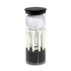 The Hudson Corporate Golf Tower Set includes a transparent cylindrical container with a stylish black base, showcasing an elegant display with a single golf ball resting on several upright white tees.