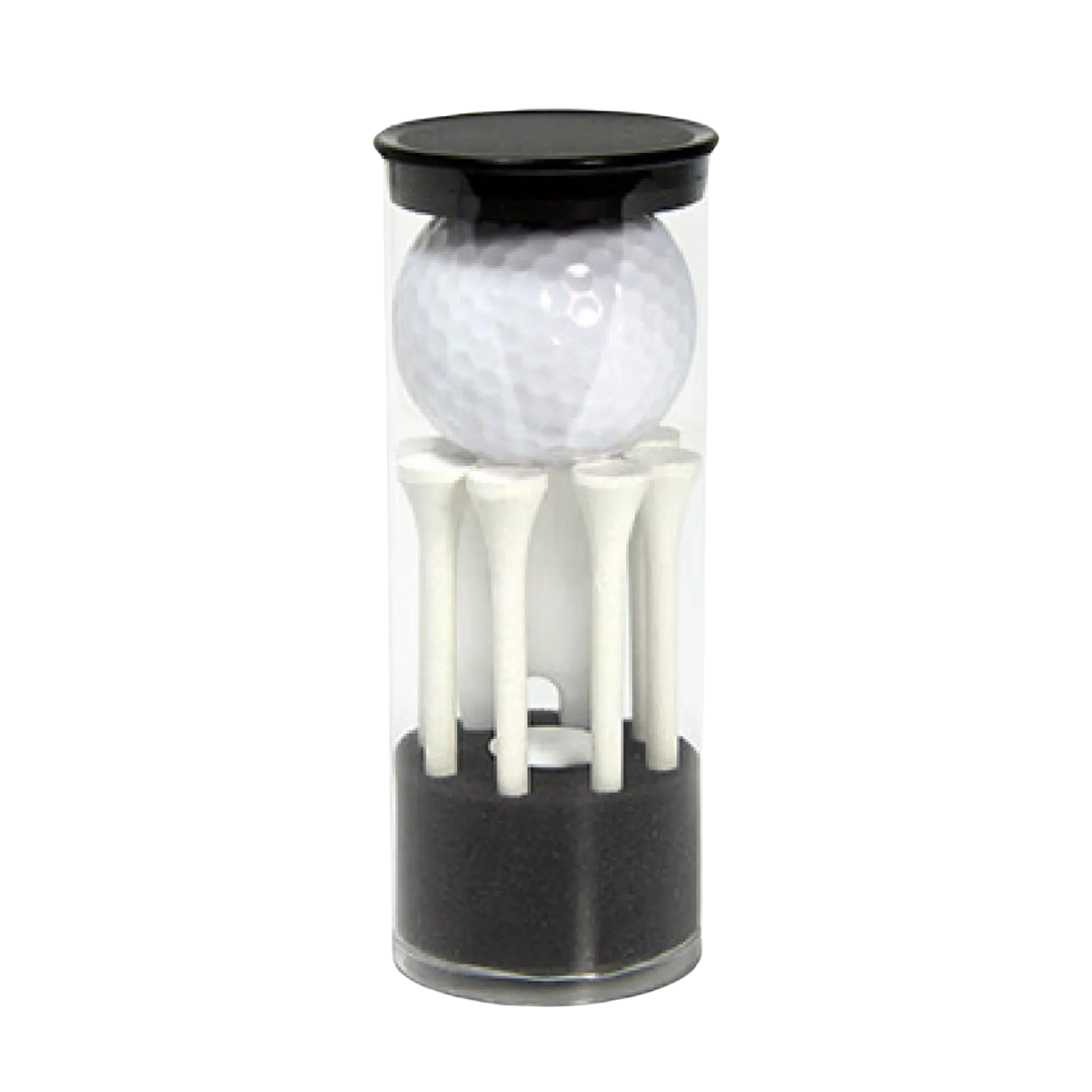The Hudson Corporate Golf Tower Set includes a transparent cylindrical container with a stylish black base, showcasing an elegant display with a single golf ball resting on several upright white tees.