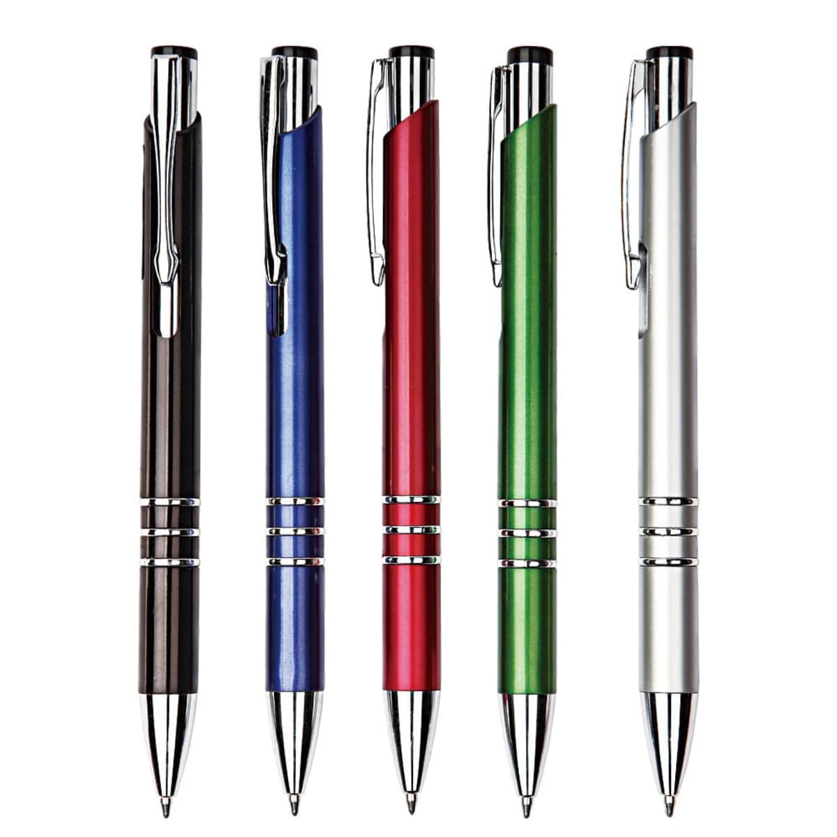 Five retractable pens in black, blue, red, green, and silver, standing upright in a row.