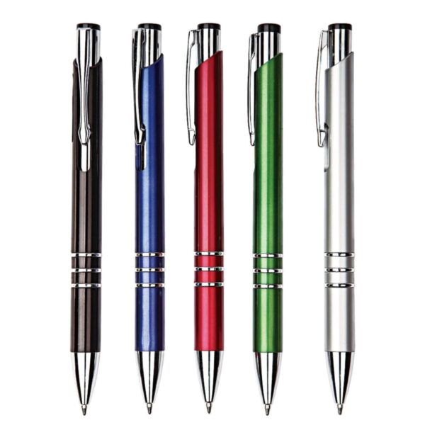 Five ballpoint pens in black, blue, red, green, and silver with metallic accents.