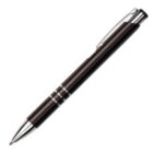 Black ballpoint pen with silver accents, viewed diagonally on a white background.