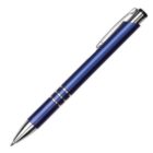 A blue ballpoint pen with silver accents and a pocket clip on a white background.