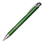 Green and silver ballpoint pen with a clip, shown on a white background.