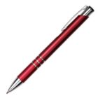 A red ballpoint pen with silver accents and a clip, shown diagonally on a white background.