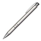 Silver metal ballpoint pen with a clip, placed diagonally on a white background.