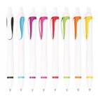 A row of eight white pens with various colored accents on the clips and tips, including black, blue, purple, pink, green, and orange. The pens are evenly spaced and standing upright against a white background.