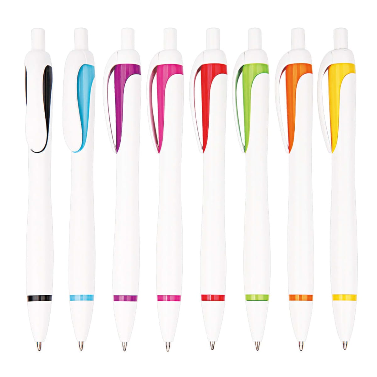 A row of eight white pens with various colored accents on the clips and tips, including black, blue, purple, pink, green, and orange. The pens are evenly spaced and standing upright against a white background.