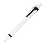 A white and black retractable ballpoint pen, featuring a sleek design. The pen has a white body with a black clip and accents.
