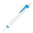 A white retractable ballpoint pen with blue accents near the clip and tip.