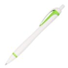 A white ballpoint pen with green accents on the clip and tip. The pen features a retractable mechanism and a sleek, modern design.