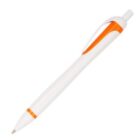 A white retractable pen with orange accents on the clip, grip, and tip is shown against a plain background.