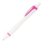 A white ballpoint pen with pink accents on the clip, grip, and button, shown against a white background.