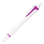 A white ballpoint pen with purple accents, including a clip and a band near the tip. The pen has a retractable mechanism with a click button at the top.