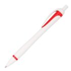 A white ballpoint pen with red accents on the clip and barrel, featuring a retractable mechanism.