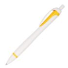 Ballpoint pen with a white body and yellow accents, featuring a click mechanism and clip.