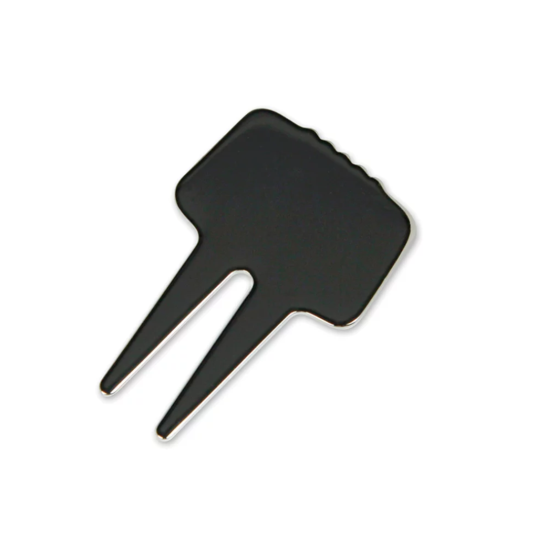The Logo Emblazoned Metal Pitch Repairer is a sleek, black metal tool with a rectangular top and rounded edges, offering perfect usability. Its elegant two-pronged design contrasts beautifully with its white background, making it ideal for subtly yet strikingly displaying company logos.