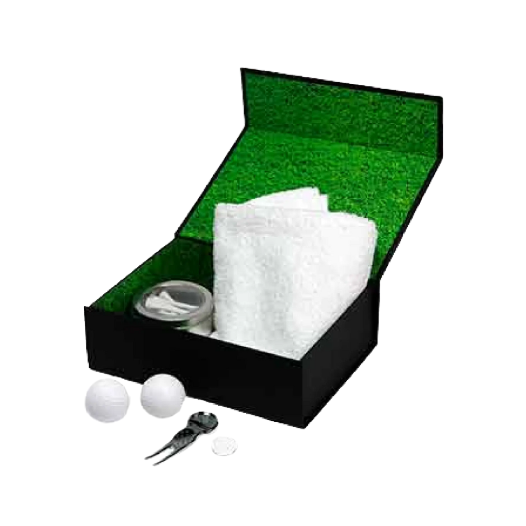 Open black box with green interior containing a white towel and coiled cord. Outside is a Logo Printed 2 Golf Ball Set, along with a black two-pronged tool and a white circular item.