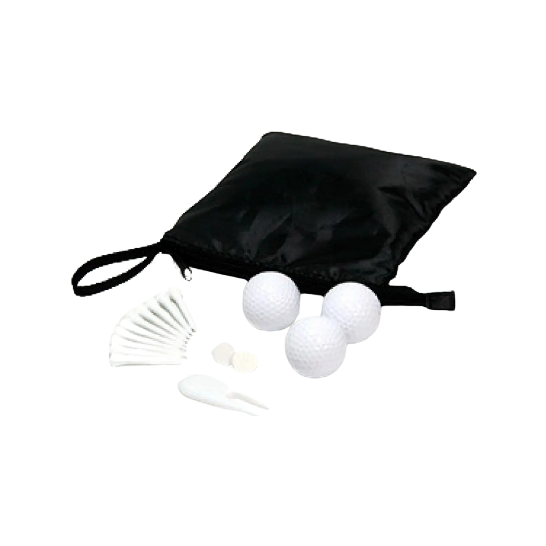 Inside the Logo Printed Golf Goodies Pouch, three white golf balls rest elegantly. A subtle logo print enhances the stylish black pouch, complemented by several tees and two markers completing this chic golf set.