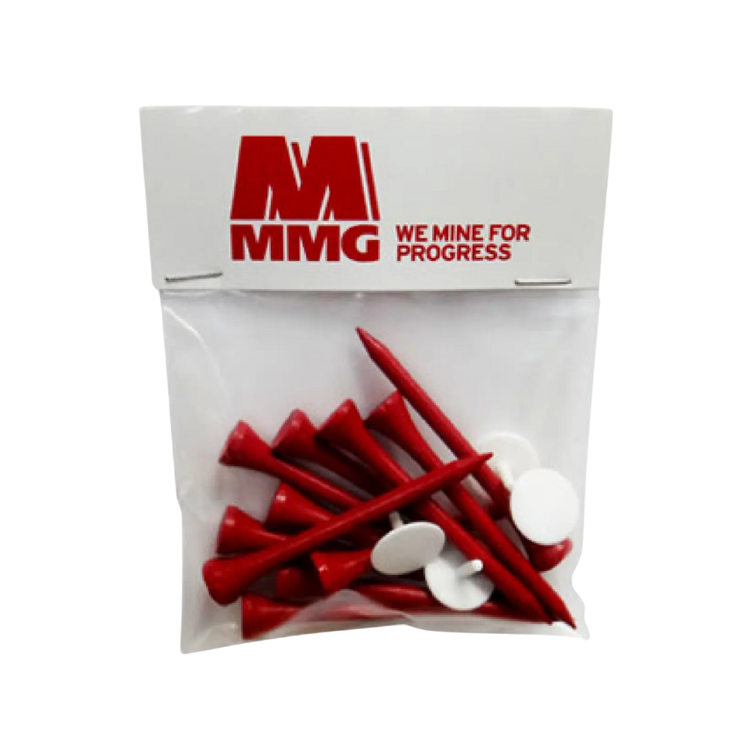 The Logo Printed Plastic Tee Pack includes a clear bag with red golf tees and white ball markers. A white label displays MMG in red letters alongside the phrase We Mine For Progress, representing innovation on the green.
