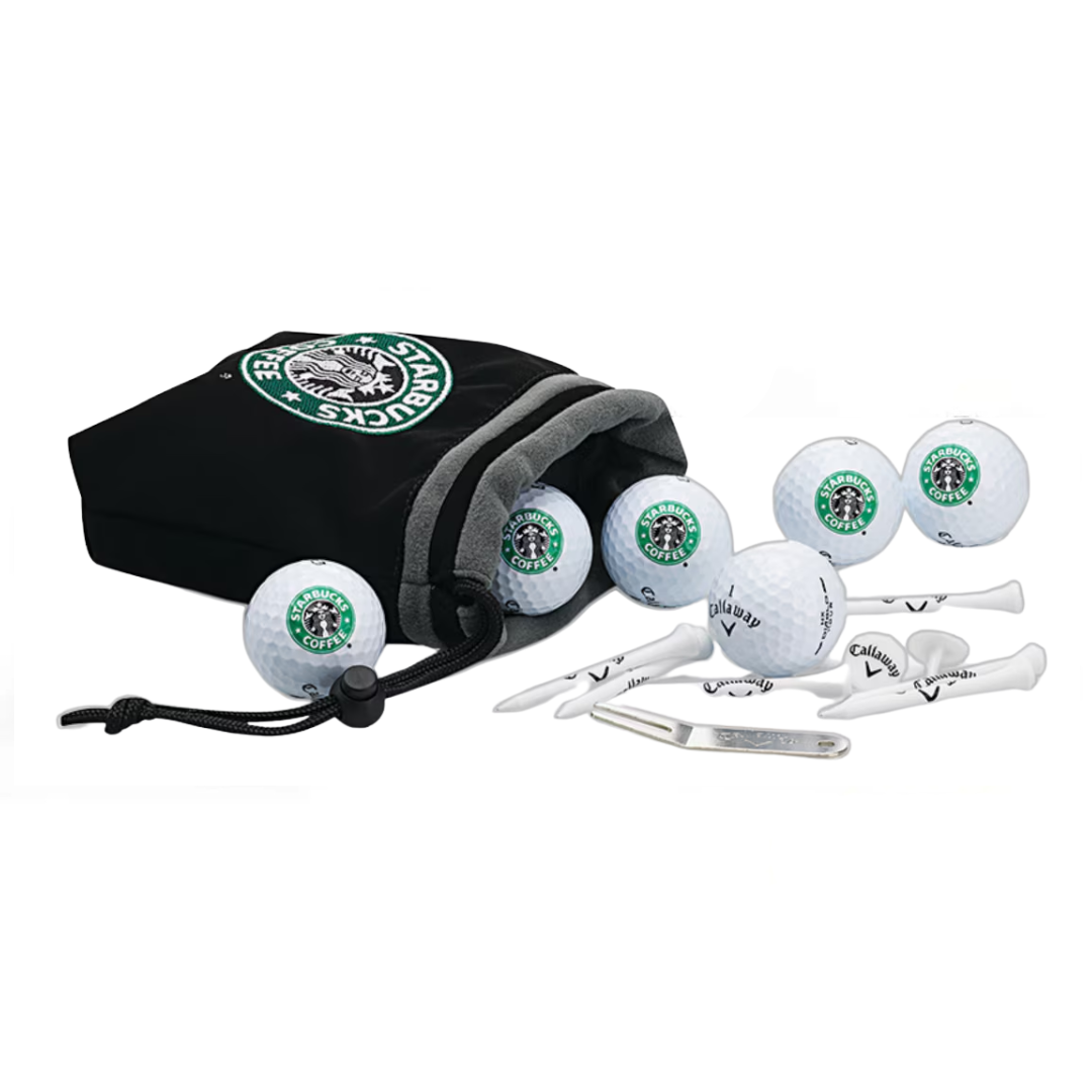 Logo printed Callaway golf pouch with balls and tees featuring Starbucks logos.