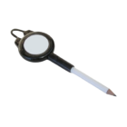 The Melville Portable Golf Pencil features a black-tipped white pencil with an attached black circular mirror set in a clamp-like holder, allowing for multi-angle viewing.