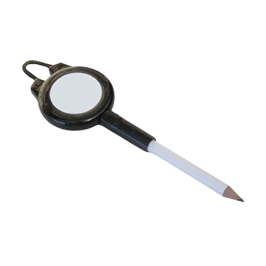 The Melville Portable Golf Pencil features a black-tipped white pencil with an attached black circular mirror set in a clamp-like holder, allowing for multi-angle viewing.